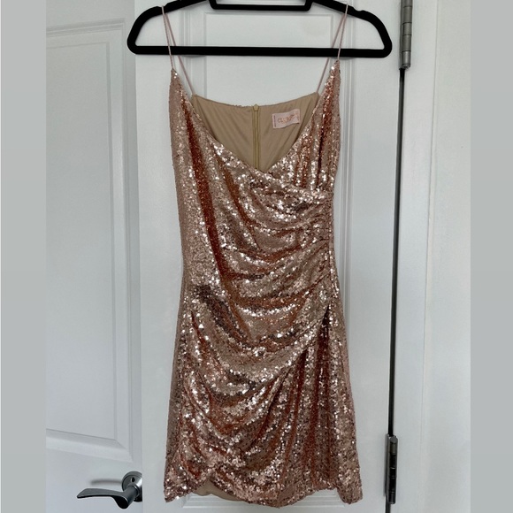 Club L London Rose Gold Sequin Asymmetrical Mini Dress - Size 6 - Picture 1 of 7